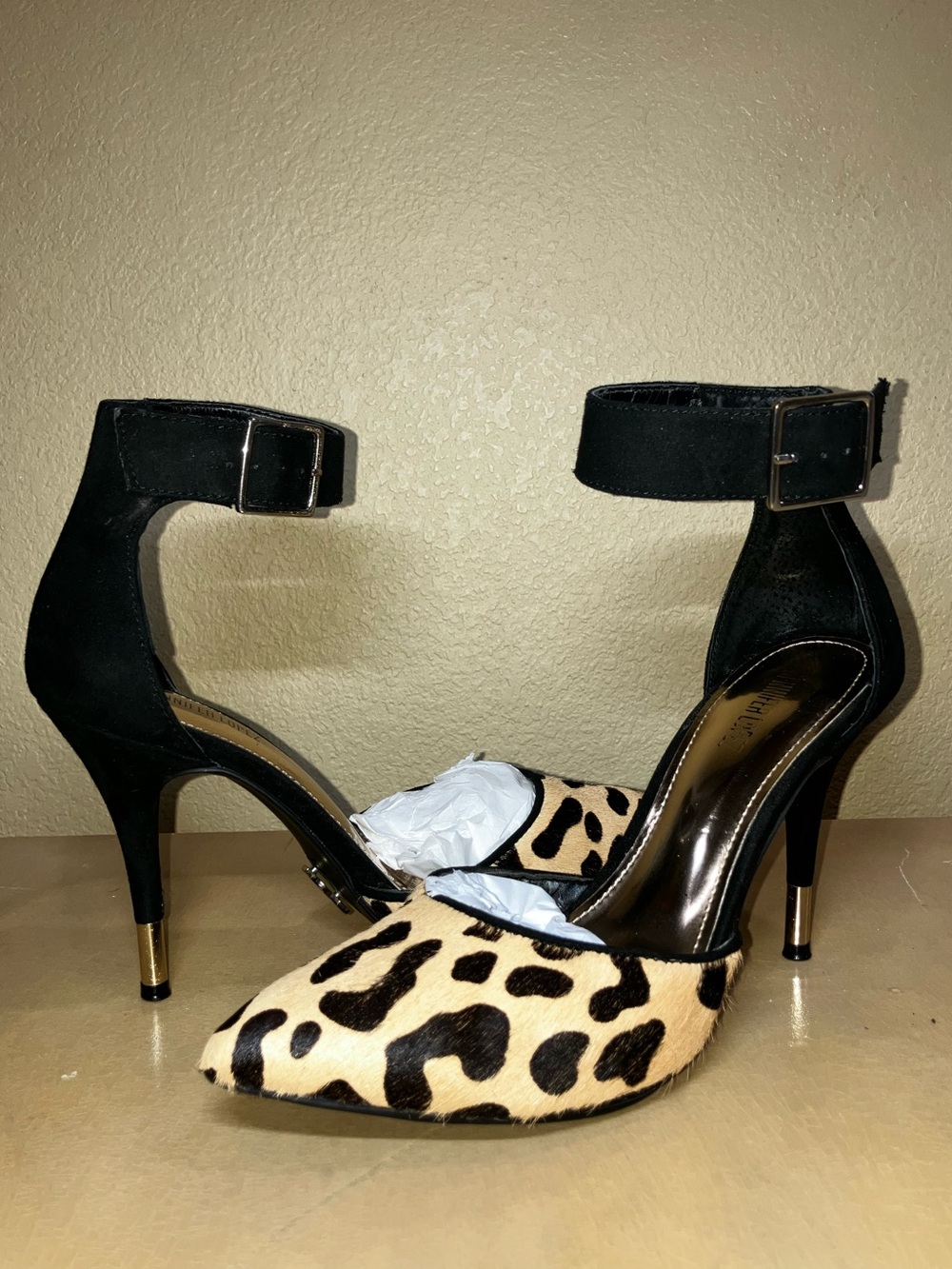 Jennifer Lopez Black & Leopard Ankle-Strap Pointed-Toe Heels